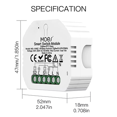სინათლის გადამრთველი სმარტ მოდული Moes ZigBee 3.0 RF Smart Light Switch Module 2 Gang Modular